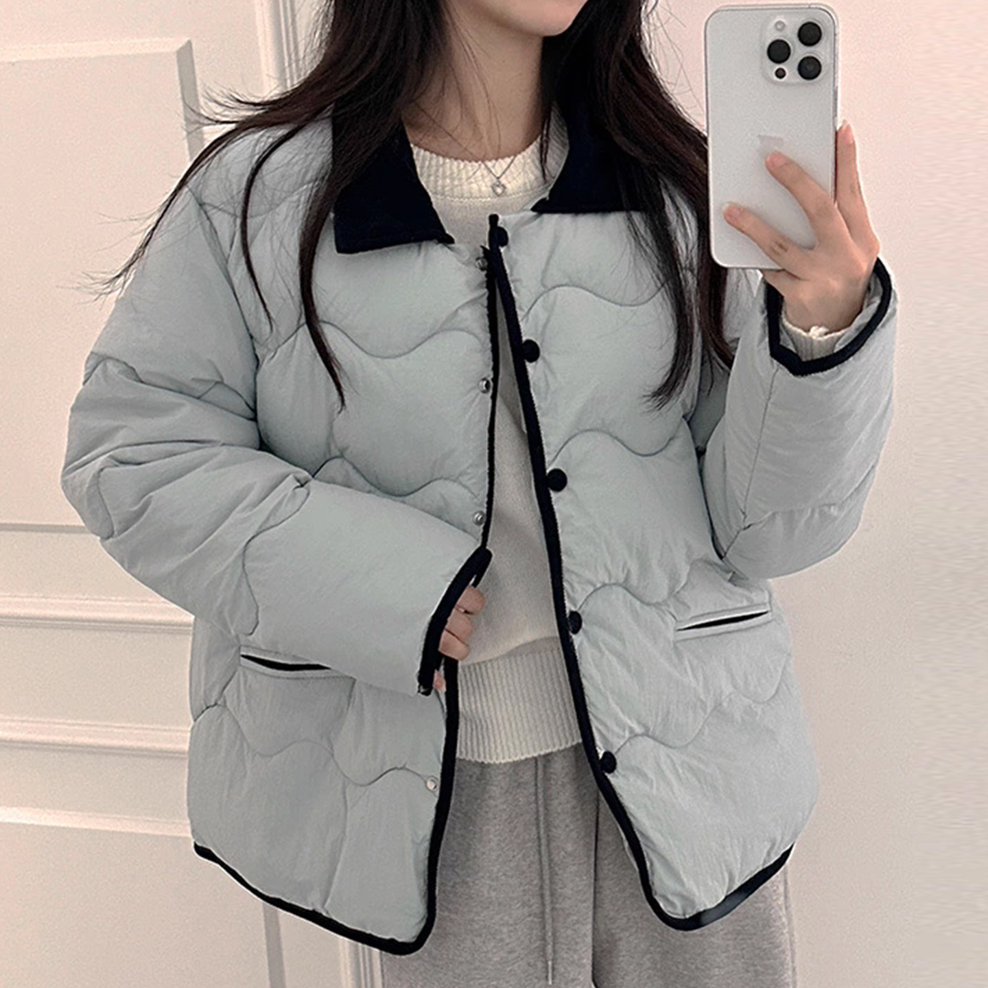 减龄撞色翻领波浪压纹棉服外套