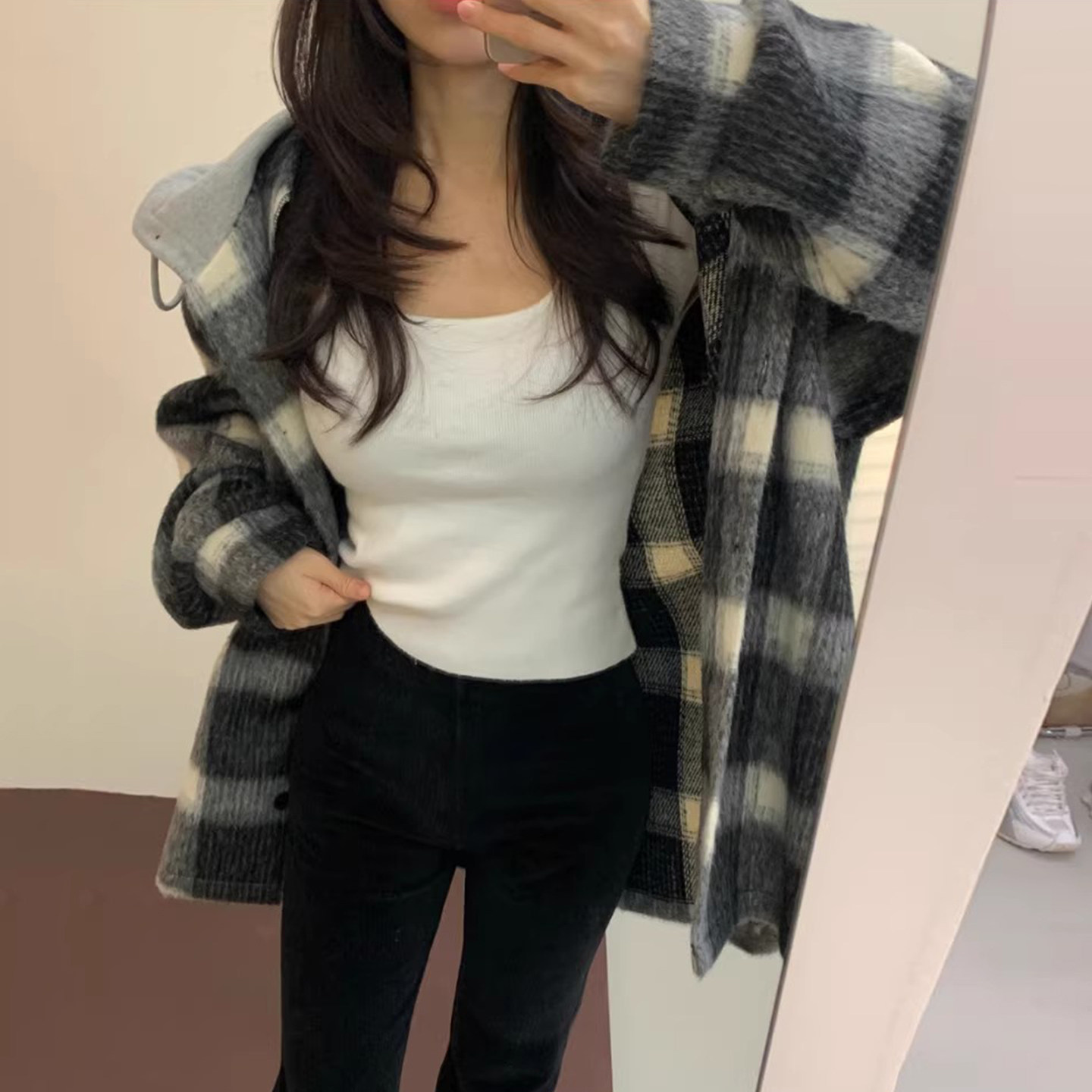 小众毛绒绒格纹撞色拼接连帽外套