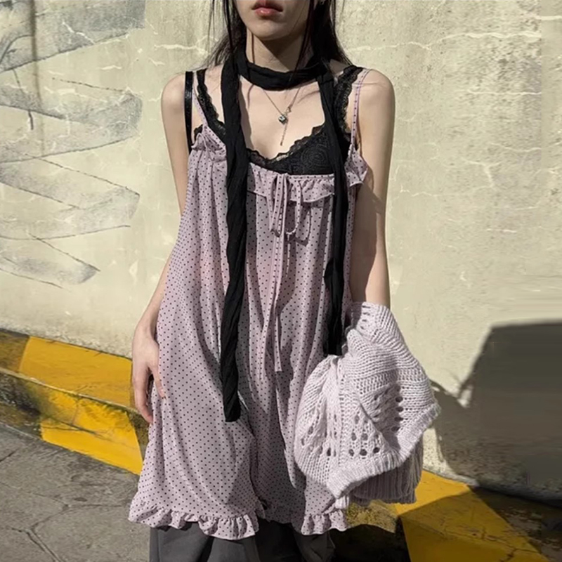 甜美木耳边系带波点吊带连衣裙