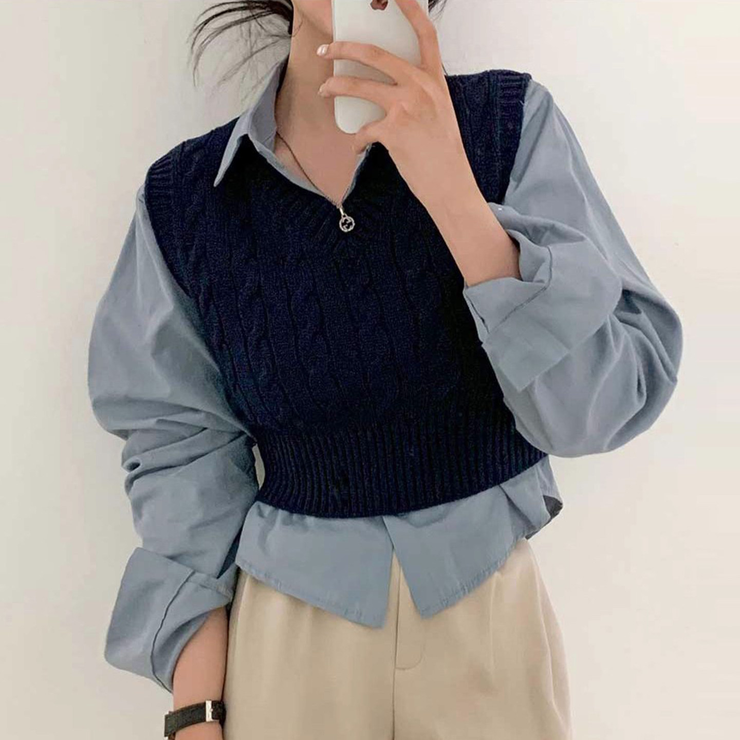 学院风麻花纹叠穿纯色V领针织衫背心女2025秋季新款百搭无袖毛衣