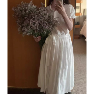 春季 衬衫 新款 百褶系带收腰短袖 连衣裙女 温柔风纯色一片式 良良家