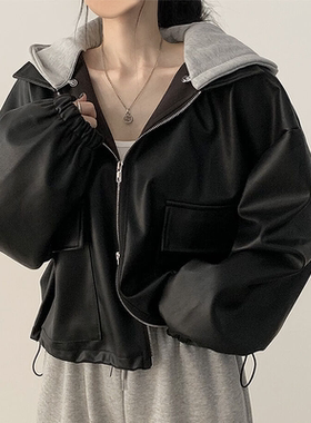韩国chic秋冬复古洋气拉链大口袋休闲宽松百搭短款连帽皮衣外套女