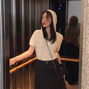 小众百搭纯色套头上衣 良良家设计感镂空连帽短袖 针织衫 女夏季 新款