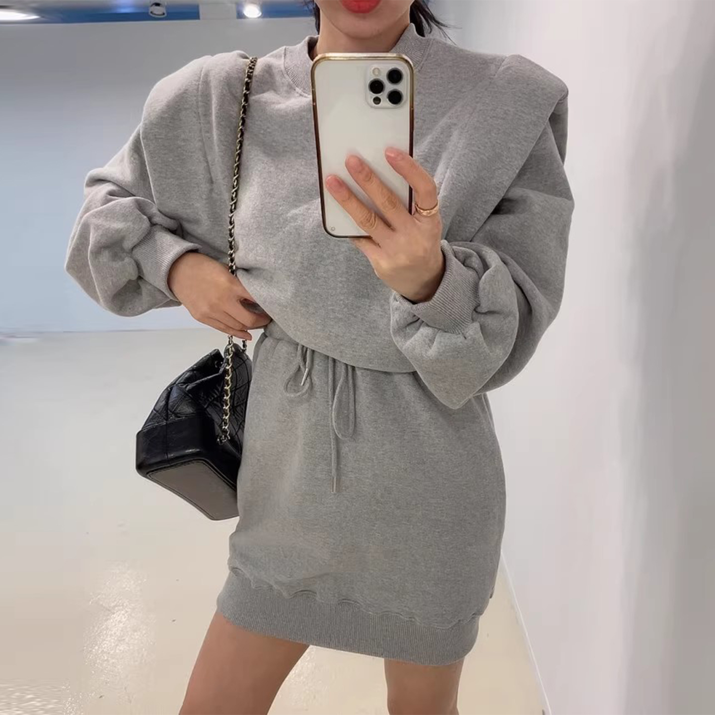 设计感纯色假两件加绒卫衣连衣裙