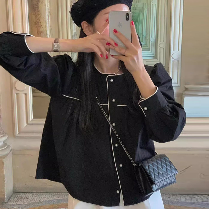韩国chic春季法式气质圆领单排扣撞色包边休闲宽松百搭长袖衬衫女,女装/女士精品,衬衫,淘宝优惠券,粉丝福利购,淘宝优惠卷