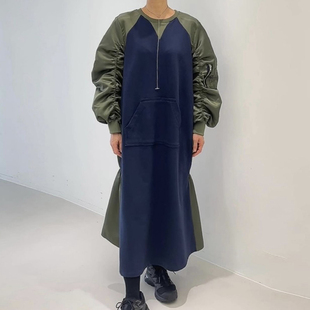 韩国chic秋季 连衣裙女 复古小众圆领撞色拼接设计宽松休闲褶皱长袖