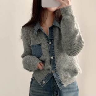 小众设计感拼接牛仔毛衣外套女2025冬季新款气质保暖针织开衫上衣