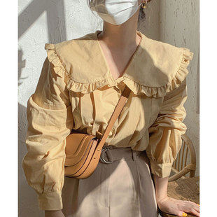 韩国chic法式温柔黄显白娃娃领拼接木耳边单排扣宽松长袖衬衫上衣