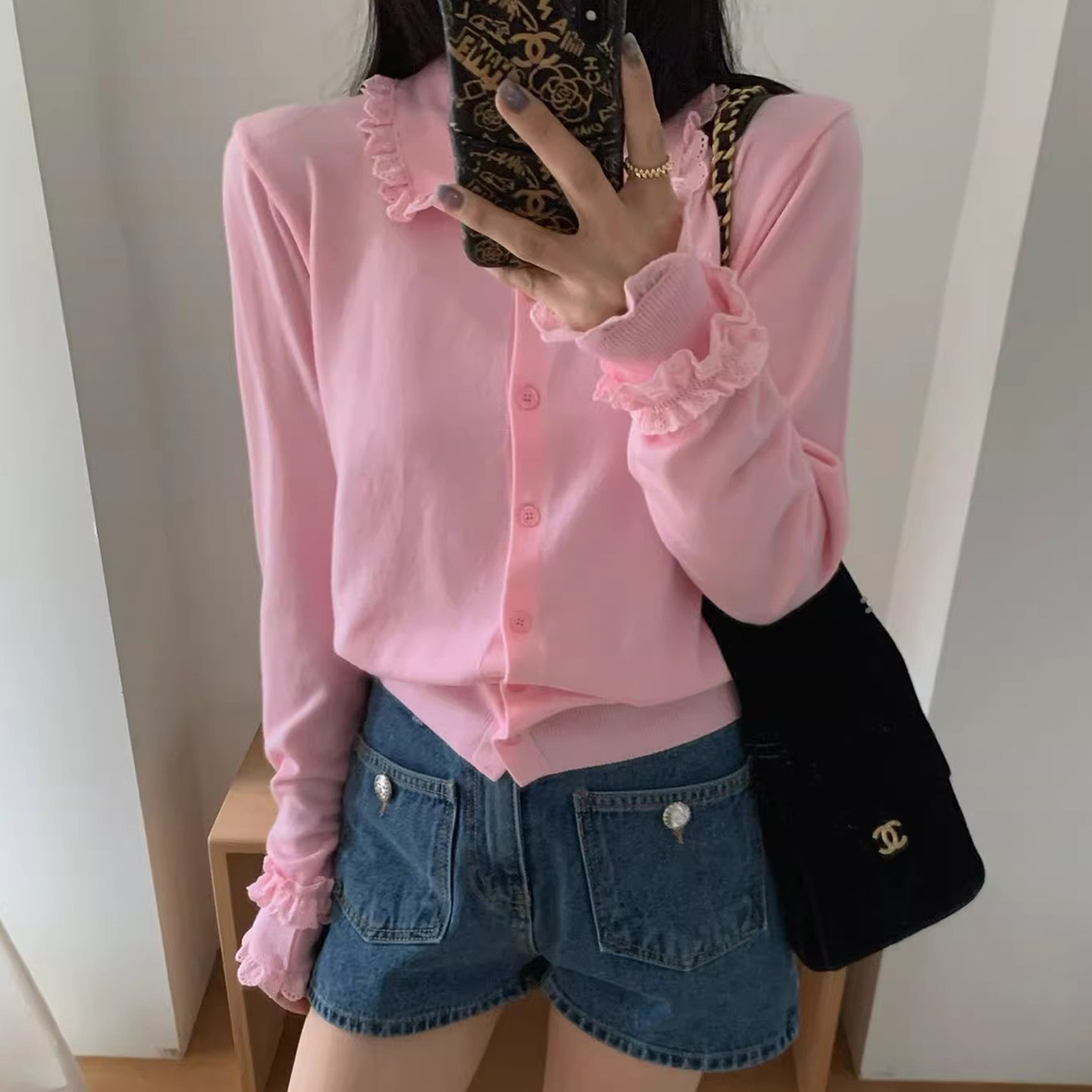 甜美减龄木耳花边拼接翻领单排扣针织衫女早春季新款宽松百搭毛衣,女装/女士精品,毛针织衫,淘宝优惠券,粉丝福利购,淘宝优惠卷