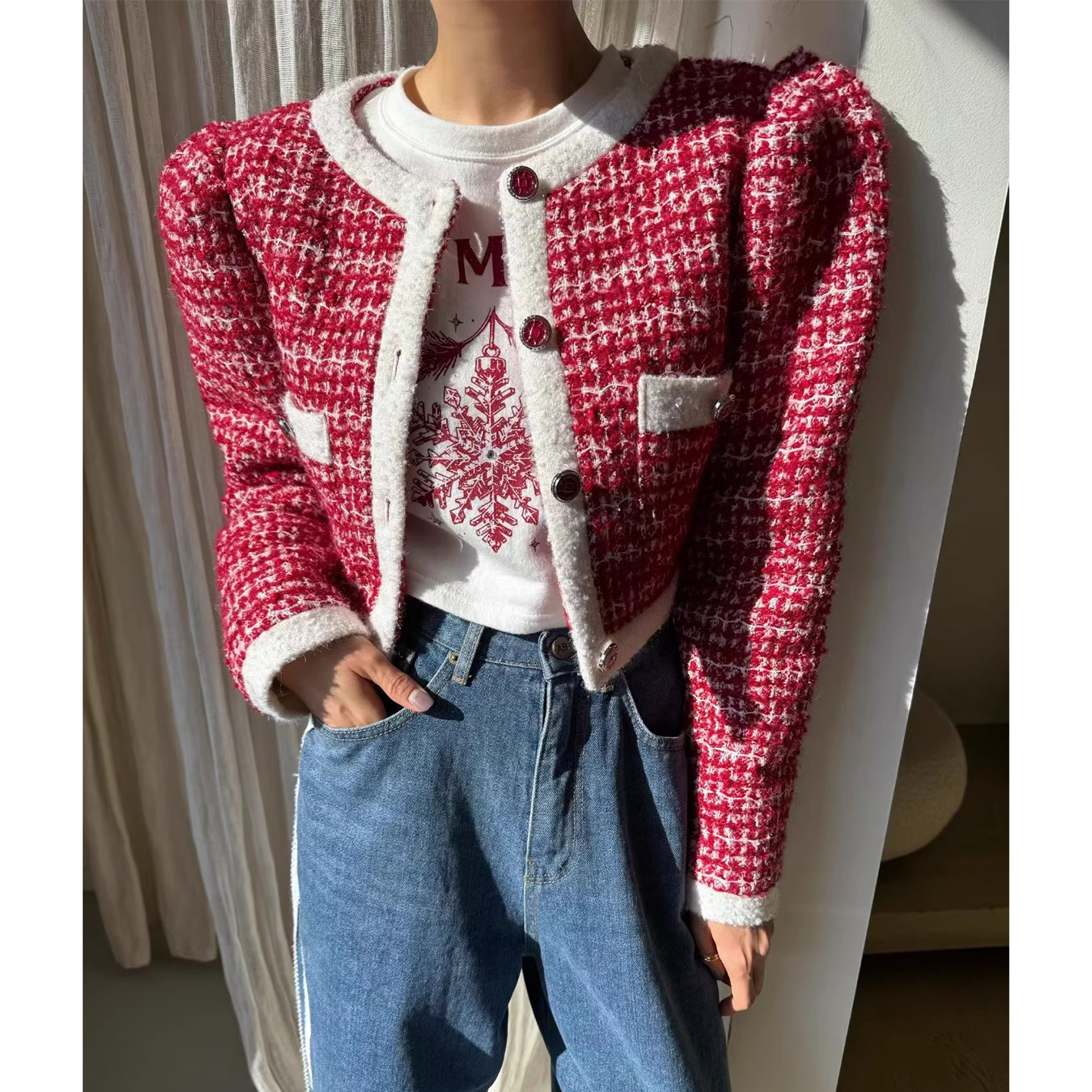 小香风别致单排扣撞色格纹外套