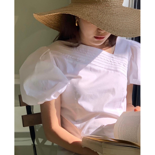 上衣女 衬衫 简约百搭斜领不规则压褶设计感纯色泡泡袖 韩国chic夏季