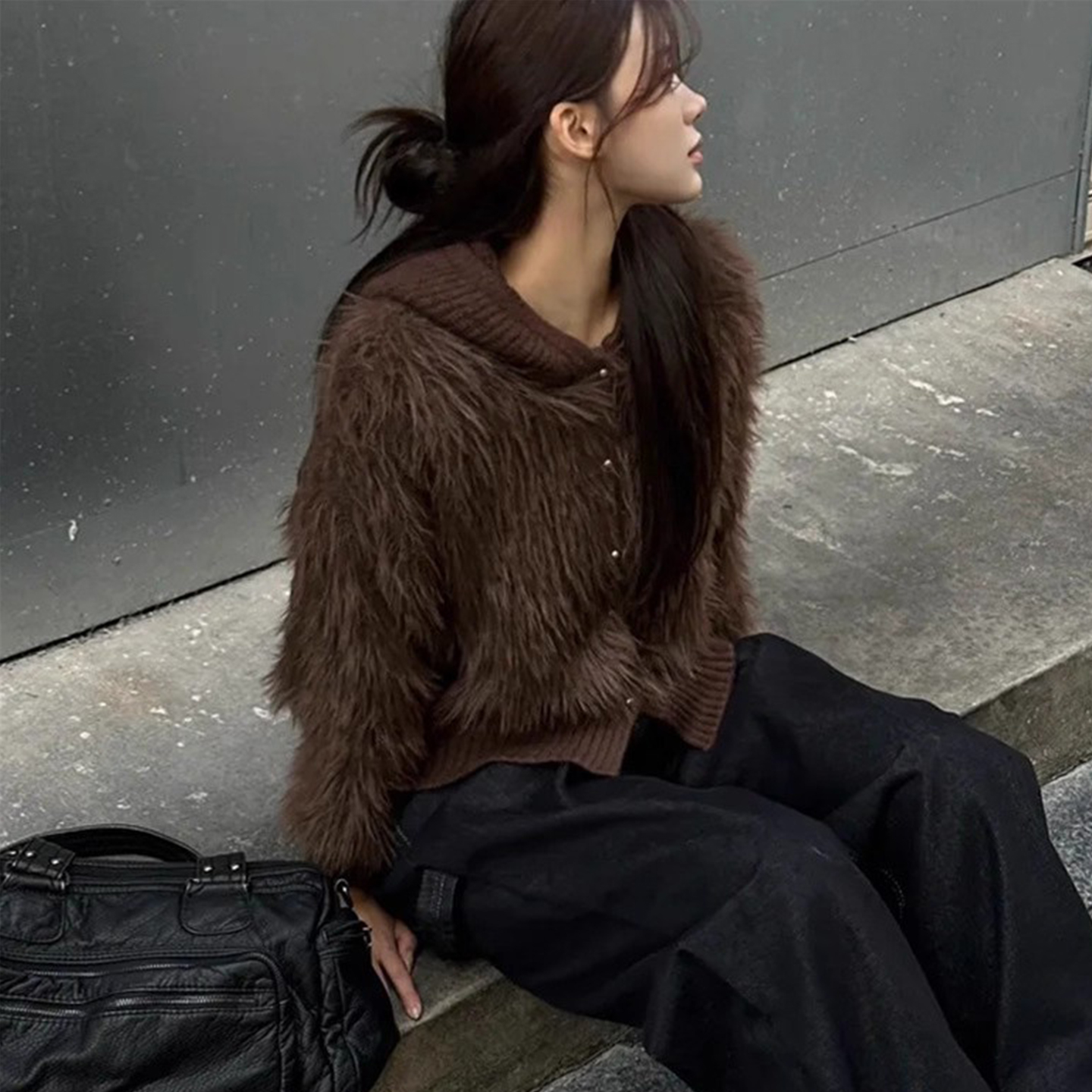 复古仿水貂绒拼接针织连帽外套