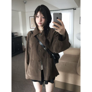 良良家复古鹿皮绒短外套女秋季新款韩版高级感小个子休闲夹克上衣