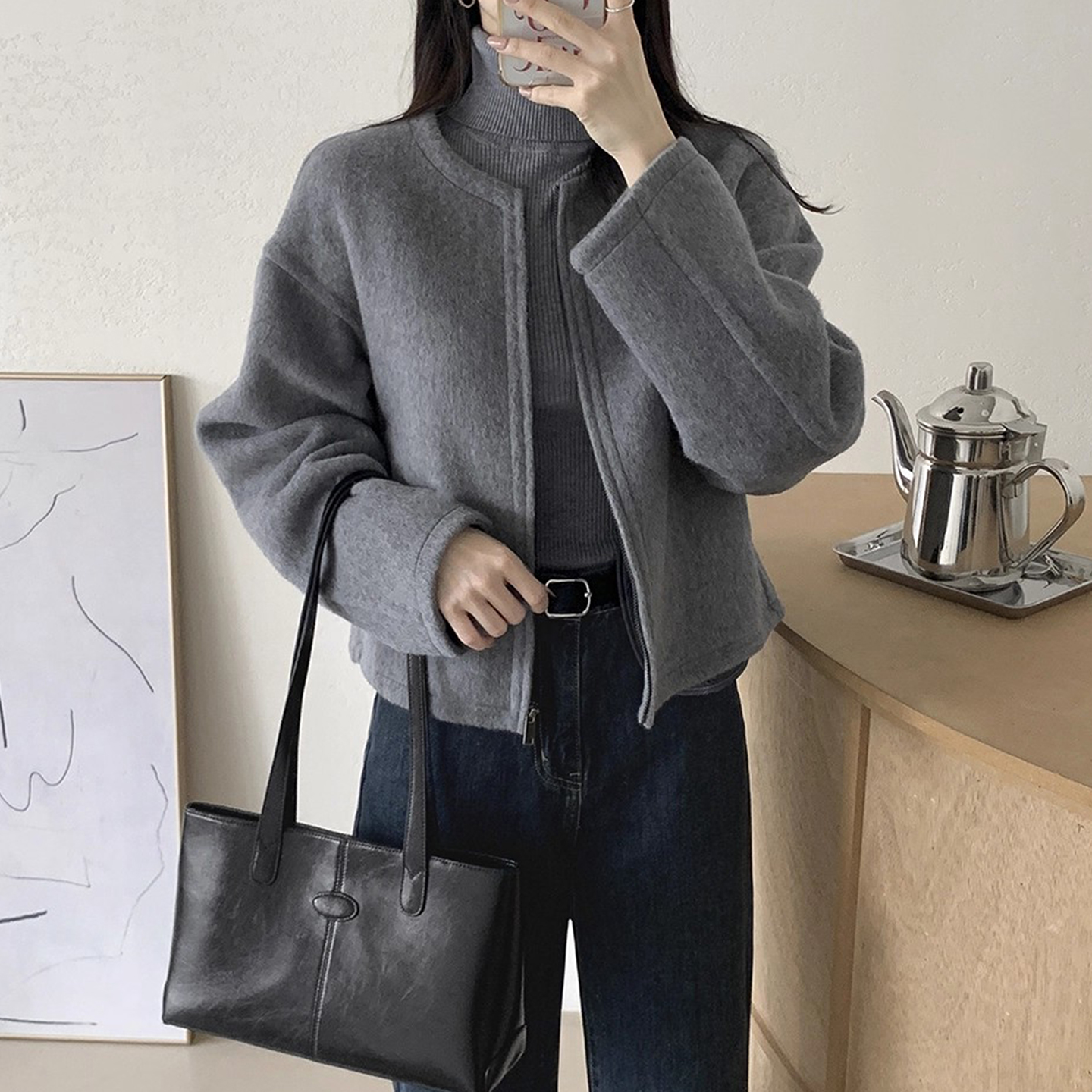 小众高级感纯色短款拉链呢子外套