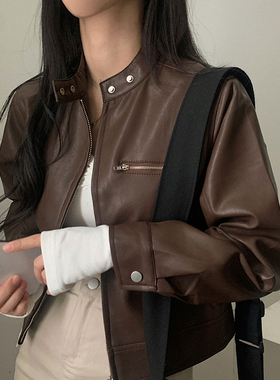 韩国chic秋冬复古帅气圆领拉链式PU皮宽松百搭长袖皮衣夹克外套女
