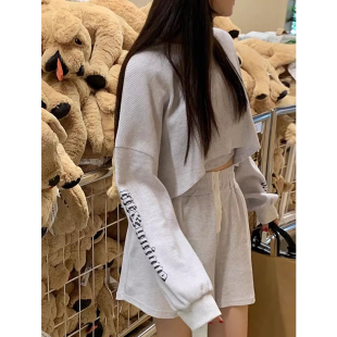 字母印花长袖 套装 外套吊带女春季 新款 三件套 良良家 高腰短裤 时尚