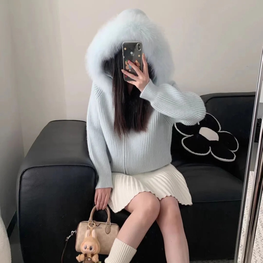 坑条大毛领连帽针织衫毛衣外套