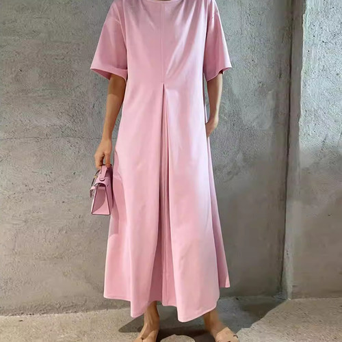 纯色圆领开叉中长款连衣裙长裙女