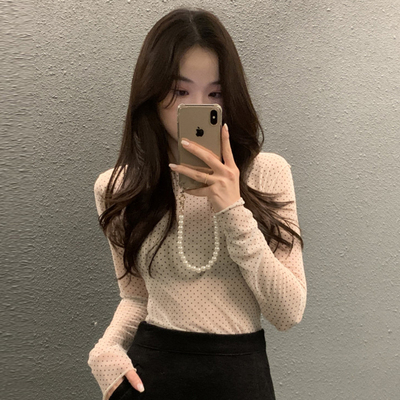 chic圆领撞色波点修身百搭衬衫