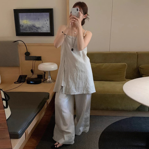 侧开叉吊带上衣女纯色直筒休闲裤