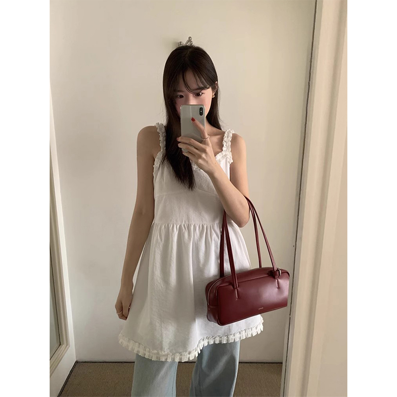 良良家花边褶皱V领吊带连衣裙女