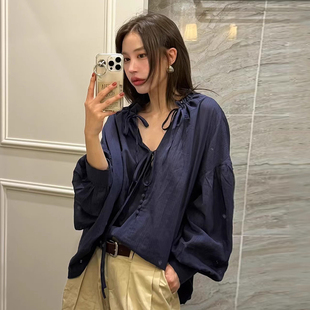 韩国chic秋季新款复古气质V领系带设计宽松百搭泡泡袖衬衫上衣女