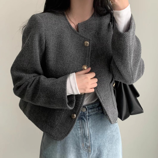 高级感单排扣宽松双口袋长袖 法式 羊毛呢段外套女 新款 韩国chic秋季