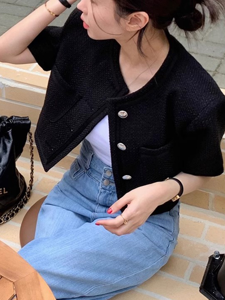 韩国chic夏季法式小香风别致单排扣宽松百搭短款粗花呢短袖外套女