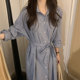 连衣裙 式 韩国chic早秋小众慵懒风翻领单排扣系带收腰长袖 条纹衬衫