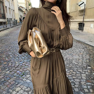 韩国chic秋季 打底连衣裙女 复古气质高领拼接褶皱设计收腰显瘦长袖