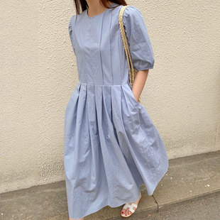 大摆型连衣裙女 短袖 韩国chic夏季 优雅软奶蓝圆领压褶设计感中长款