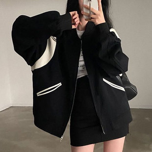 韩国chic秋季 卫衣外套女 复古百搭圆领撞色拼接棒球服宽松休闲长袖