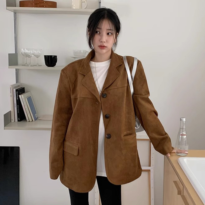 韩国chic秋冬复古美拉德西装领仿鹿皮绒宽松休闲百搭款长袖外套女