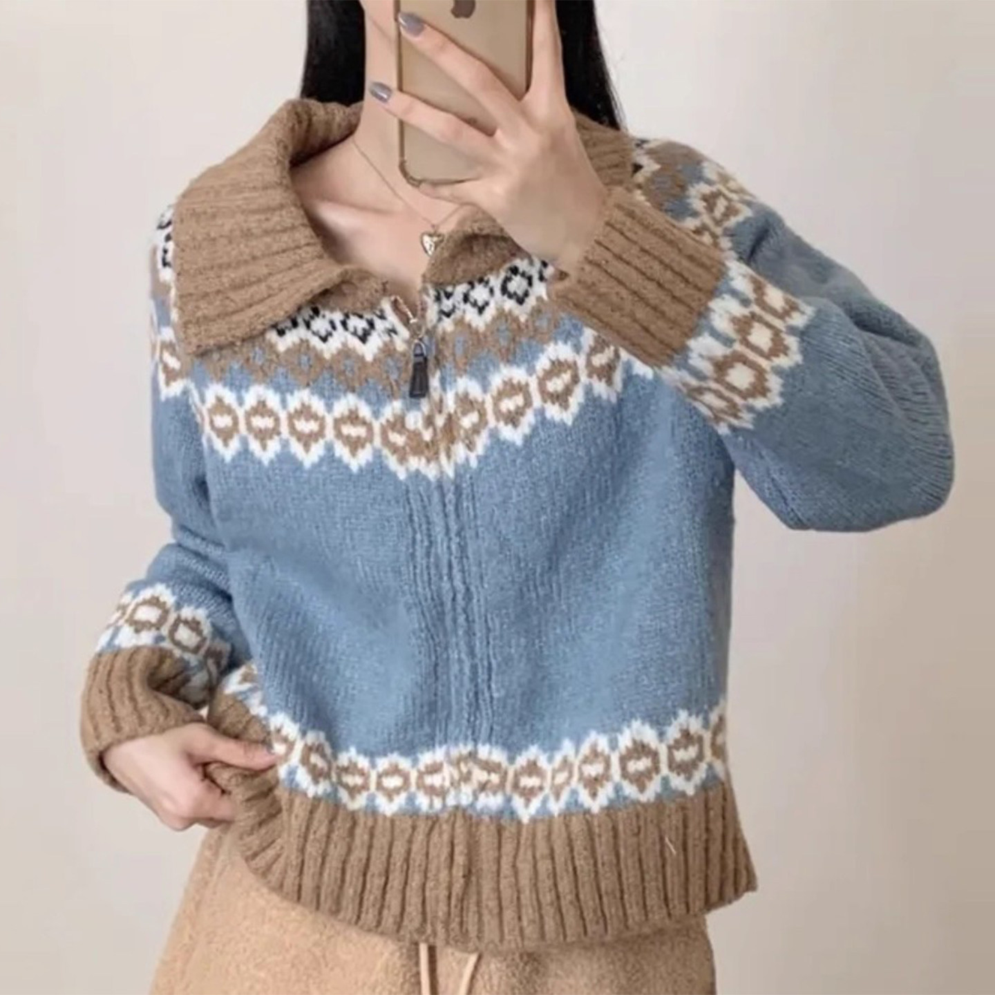 费尔岛提花加厚百搭针织开衫外套