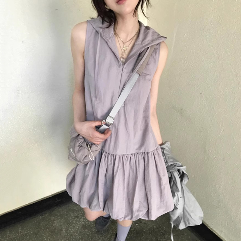 良良家半拉链连帽背心连衣裙女夏季新款减龄气质拼接蓬蓬裙短裙子
