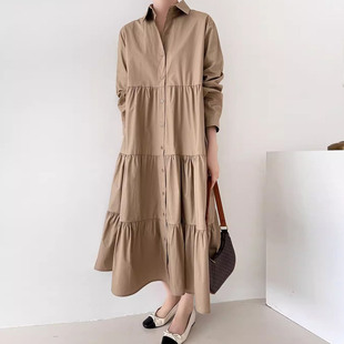 优雅气质翻领单排扣压褶蓬蓬连衣裙女早春新款宽松百搭直筒裙长裙