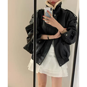 小众帅气可拆卸毛领夹棉PU皮衣外套女冬季 新款 宽松机车服夹克上衣