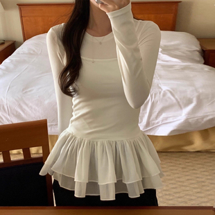 叠穿荷叶边裙摆吊带衫 打底T恤 两件套女 小众百搭长袖 韩国chic秋季