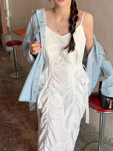 韩国chic夏季 小众复古褶皱不规则大口袋收腰显瘦吊带连衣裙长裙女