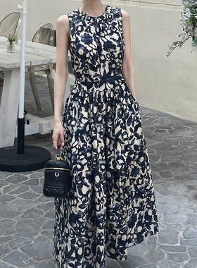 良良家复古优雅花色印花背心连衣裙女夏季新款度假风长裙子配腰带