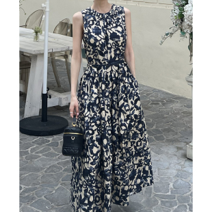 良良家复古优雅花色印花背心连衣裙女夏季新款度假风长裙子配腰带