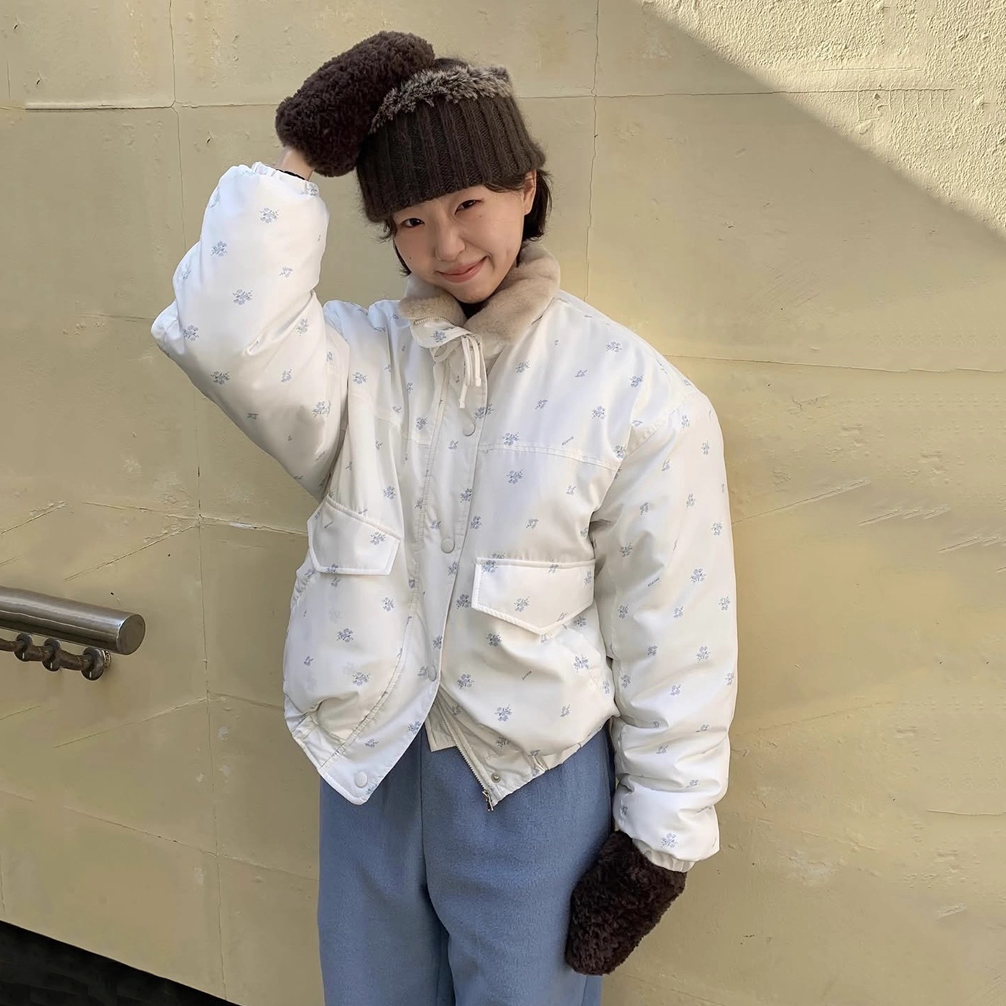 小清新拼接毛毛领碎花棉服短外套女2025冬季新款甜美口袋百搭棉衣