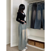 女 长裤 韩国chic秋冬小众个性 高腰百搭侧边压褶磨白休闲直筒牛仔裤