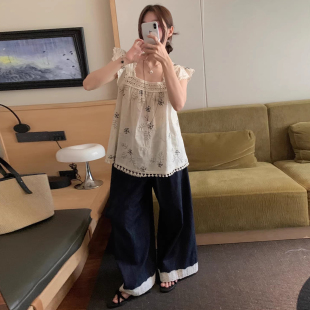 衬衫 流苏边绣花飞飞袖 女夏季 新款 两件套 良良家时尚 高腰阔腿裤 套装