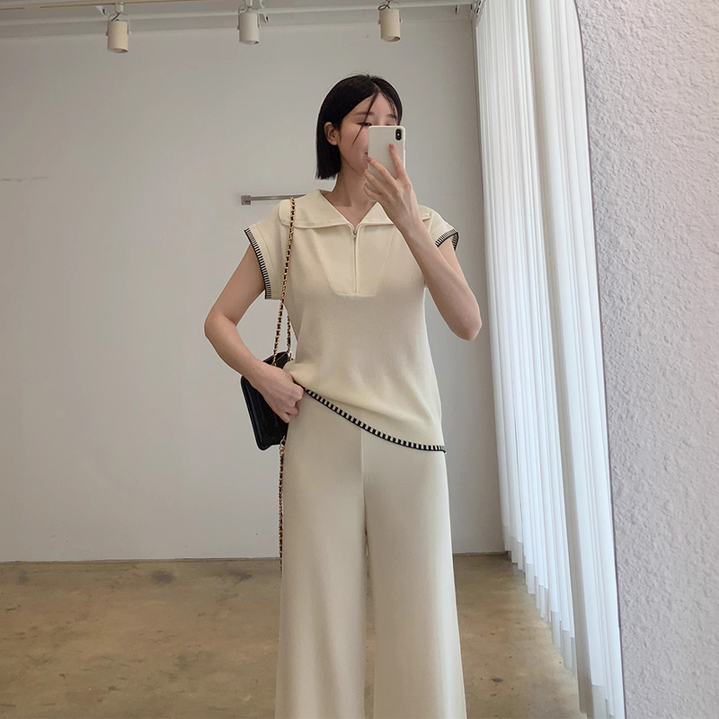 良良家小众编织撞色背心针织衫女夏季新款高腰阔腿休闲裤两件套