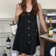 韩国chic法式 气质U领立体流苏别致单排扣宽松百搭无袖 背心连衣裙