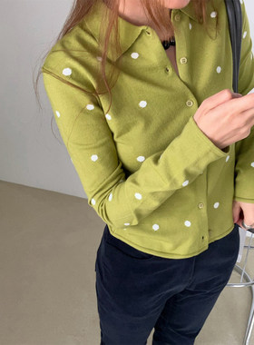 良良家绿色波点针织开衫上衣女