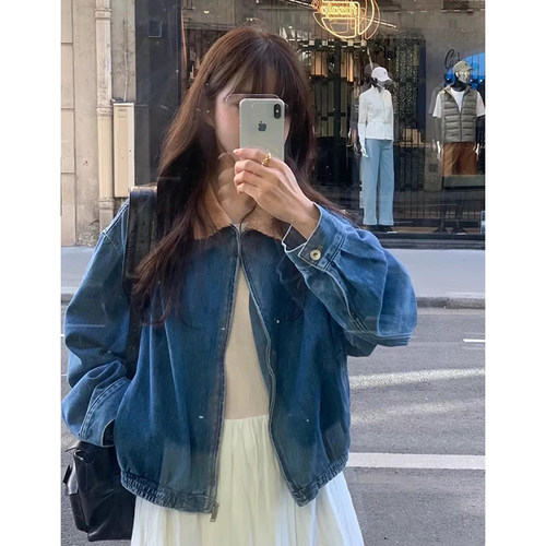 宽松休闲口袋长袖拉链牛仔短外套