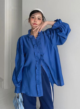 拼接木耳边克莱因蓝长袖衬衫