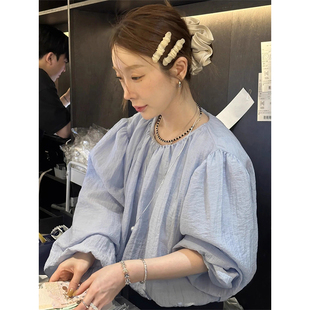 早秋新款 良良家甜美减龄褶皱泡泡袖 新款 衬衫 温柔风宽松上衣 女夏季